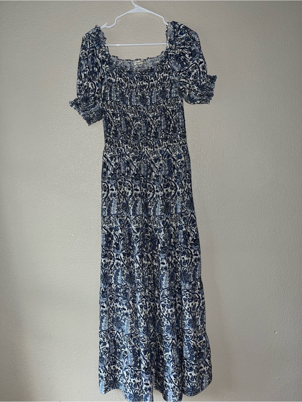 Max Studio Navy and White Floral Smocked Maxi Dress